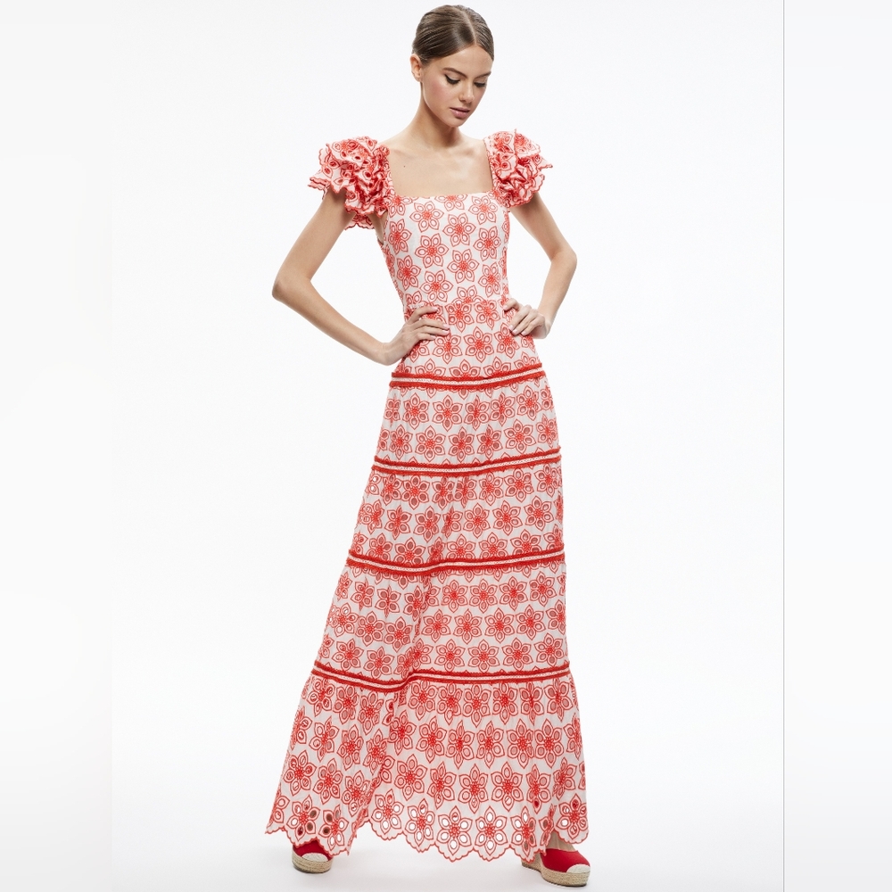 Alice + Olivia White Maxi Dress with Red Floral Eyelet Pattern - Picture 5 of 12